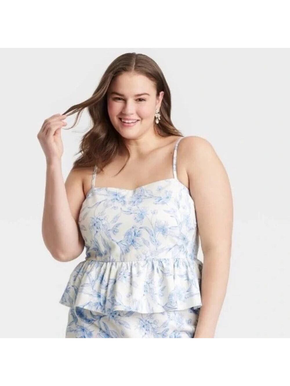 A New Day NWOT Blue White Floral Smocked Peplum Camisole Tank XXL